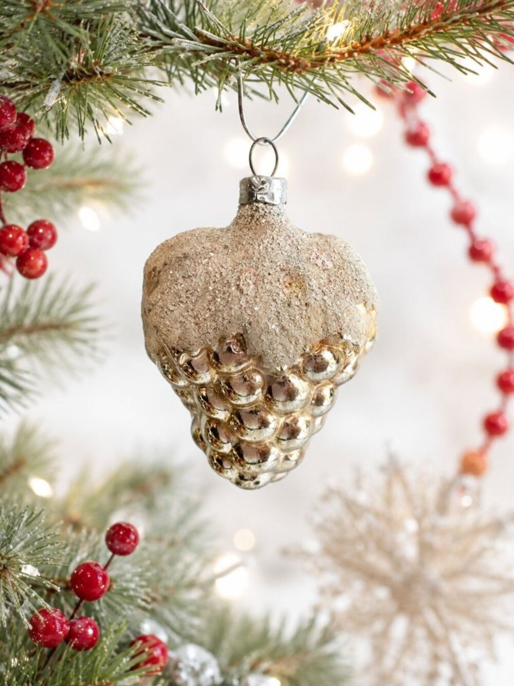 Vintage Glass Grape Cluster Ornament Gold & Pink Handpainted